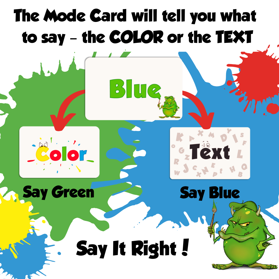 Didayo card game -Say it Right
The Mode Card will tell you what to say - the COLOR or the TEXT.
• If the Mode Card shows “Color”, the player will say aloud the color in which the word is written, regardless of the content. For example, if the Color Card text is “Blue”, the player should say “red”.
• If the Mode Card shows “Text”, the player will say aloud what is written regardless of the color of the text. For example, if the Color Card text is “Blue”, the player should say “blue”.
Say It Right!