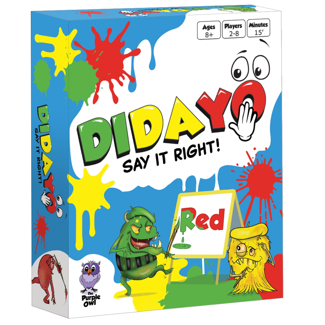 The Purple Owl Games - DIDAYO
DIDAYO – Say It Right!
DIDAYO is a Fast-Paced Fun Card Game for kids ages 8-12 and adults. Players must quickly say the correct word or color, not always matching what's written on the cards.
The game's core mechanic revolves around the interplay between the color and text on the cards, with the Mode Card determining how players should respond. The addition of Action Cards adds variety and unpredictability to the gameplay.
DIDAYO is easy to learn; it takes one minute to set up