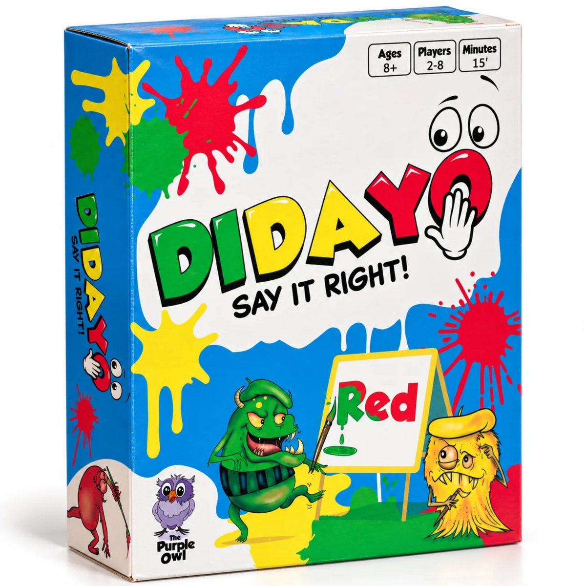 The Purple Owl Games - DIDAYO
DIDAYO – Say It Right!
DIDAYO is a Fast-Paced Fun Card Game for kids ages 8-12 and adults. Players must quickly say the correct word or color, not always matching what's written on the cards.
The game's core mechanic revolves around the interplay between the color and text on the cards, with the Mode Card determining how players should respond. The addition of Action Cards adds variety and unpredictability to the gameplay.
DIDAYO is easy to learn; it takes one minute to set up