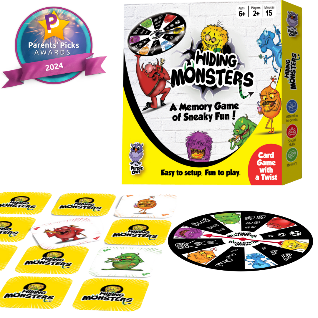 The Purple Owl Games - Hiding Monsters is a unique award winning memory card game for kids ages 8-12 and 4-8. Hiding Monsters game with a spinner wheel is a fun matching game for kids. It is easy to learn, with no reading required. It comes in a compact box and is a great game to play on vacations, camping, and any social gathering with kids. Including 36 big colorful cards and a spinner wheel.
