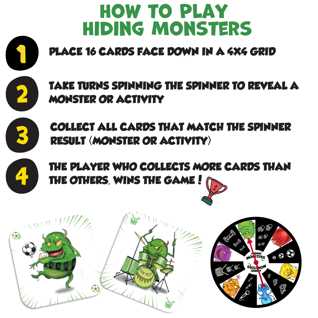 How To Play Hiding Monsters
1. Place 16 cards face down in a 4X4 grid
2. take turns spinning the spinner to reveal a monster or activity
3. use your sharp memory to find and collect all cards that match the spinner result (monster or activity)
4. the player who collects more cards than the others wins the game!
Hiding Monsters - a memory matching game for kids ages six and
up.