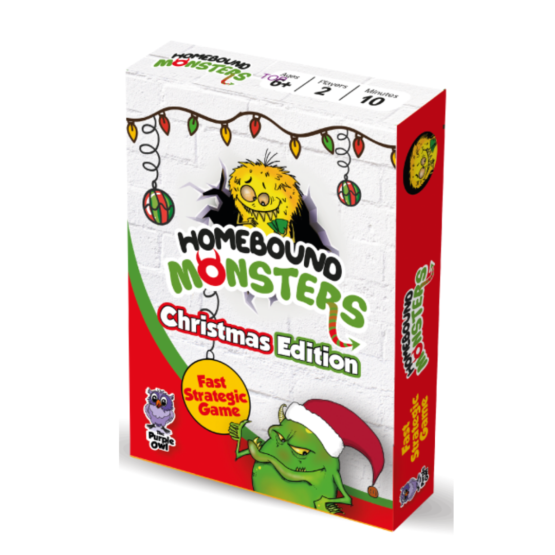 The Purple Owl Games - Homebound Monsters - Christmas Addition
A swift two-player strategy game!
Race against your opponent to be the first to bring all your monsters back to their cozy homes.
Strategize wisely as you guide your monsters toward their homes, ensuring they do not inadvertently aid your opponent's monsters in their quest. The player who uncovers the most advantageous path will win in this nimble strategy game.