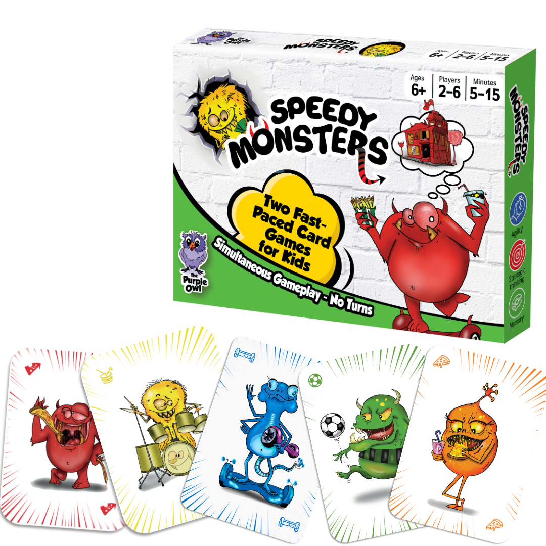 The Purple owl Speedy Monsters – fun, fast-paced card game for kids ages 8-12 and 4-8.
Two fast-paced card games for kids.
No more waiting for turns - everyone plays simultaneously! No reading is required! Easy to learn.
Kids card games for family game night, birthday gifts, and any social gathering