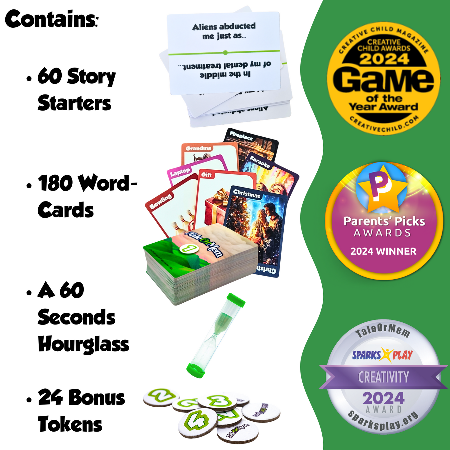 Educational game set with story starters, word cards, hourglass, and tokens, featuring awards on a white background.