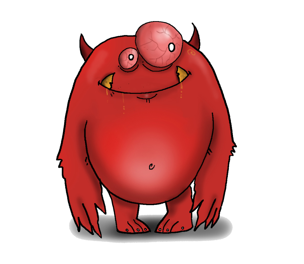Umbo - the red monster.
Umbo is charming, clumsy, and not very thin,
Always helping others while keeping a bashful grin.
When he is not hungry, he is a delight,
But when his stomach growls - get out of his sight!