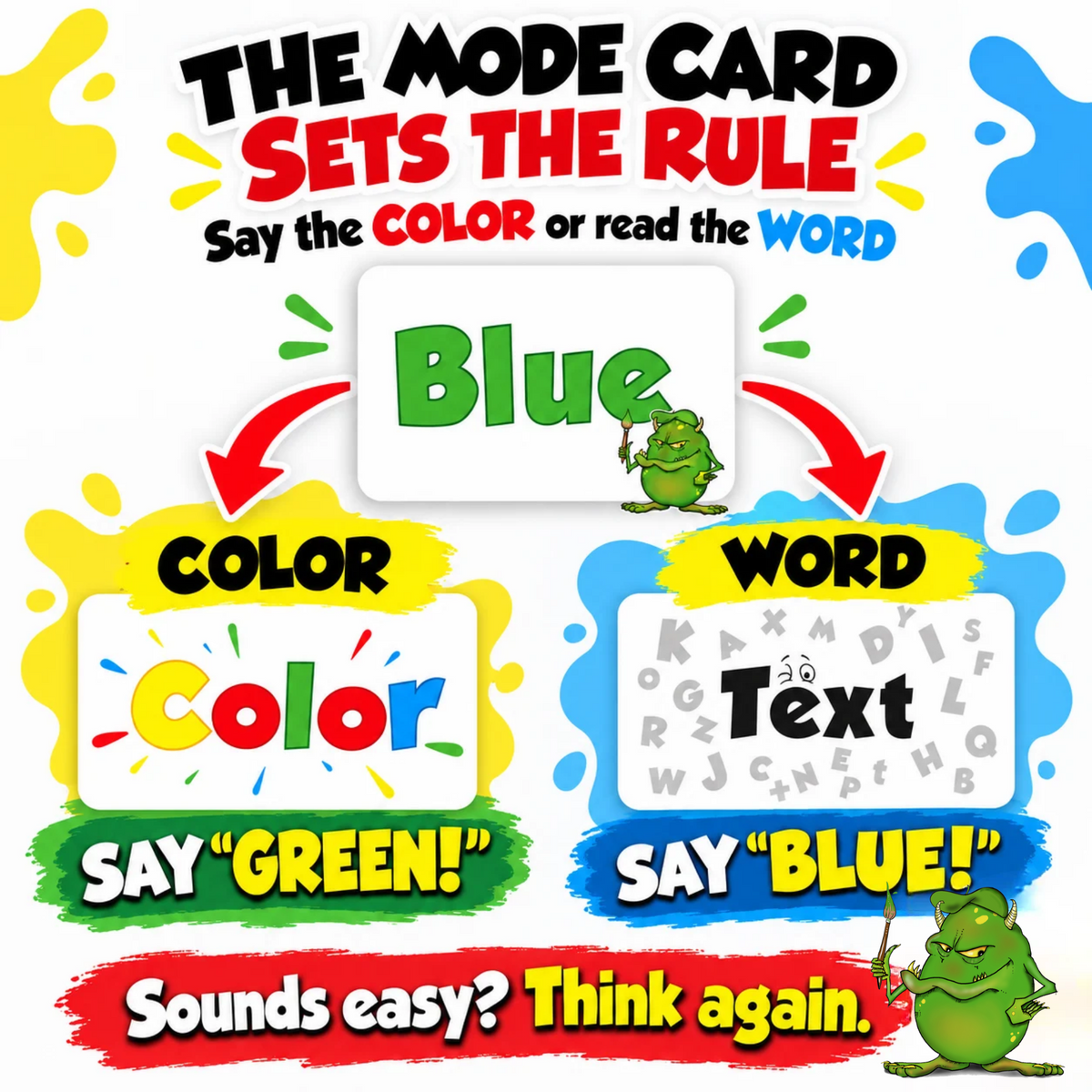 Didayo card game -Say it Right
The Mode Card will tell you what to say - the COLOR or the TEXT.
•	If the Mode Card shows “Color”, the player will say aloud the color in which the word is written, regardless of the content. For example, if the Color Card text is “Blue”, the player should say  “red”.
•	If the Mode Card shows “Text”, the player will say aloud what is written regardless of the color of the text. For example, if the Color Card text is “Blue”, the player should say  “blue”.
Say It Right!