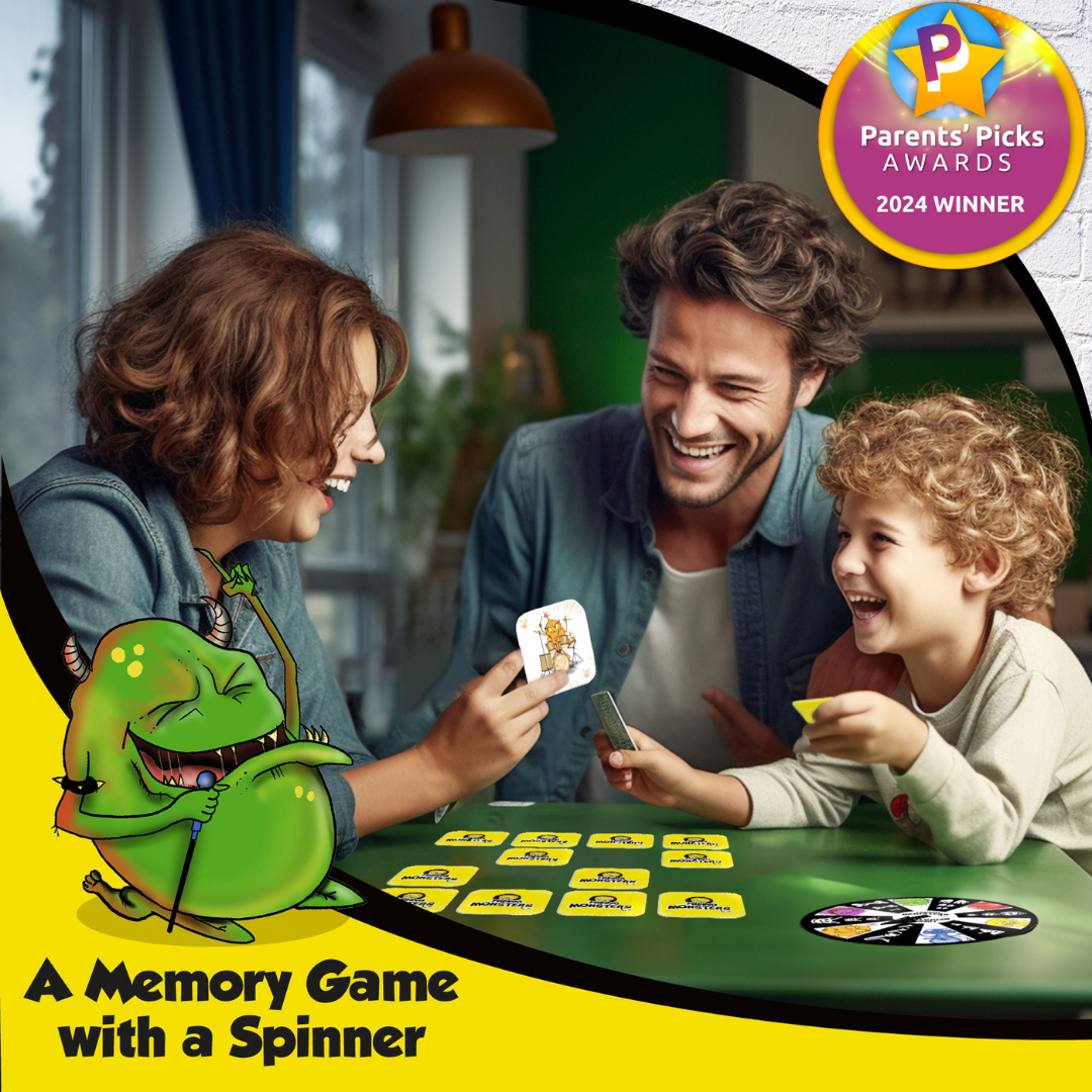 A family playing Hiding Monsters memory game that develops attention to details, Social skills and memory. It takes one minute to learn and one minute to setup.
Hiding Monsters is a unique memory card game for kids ages 8-12 and 4-8.  Hiding Monsters game with a spinner wheel is a fun matching game for kids.  fun family game