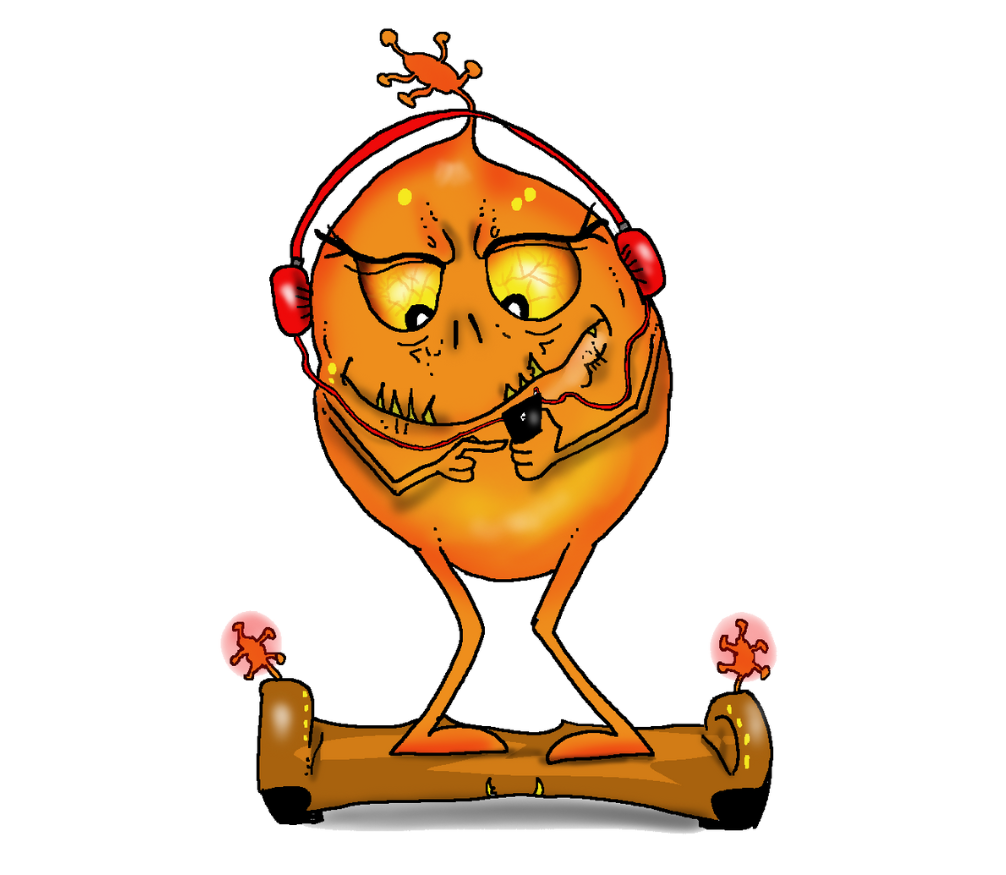 Potata the orange monster.
Potata is the smartest one of all, 
equipped with an antenna so very small.
She absorbs and remembers everything she's told, 
and a talented singer - she has a voice of gold.
