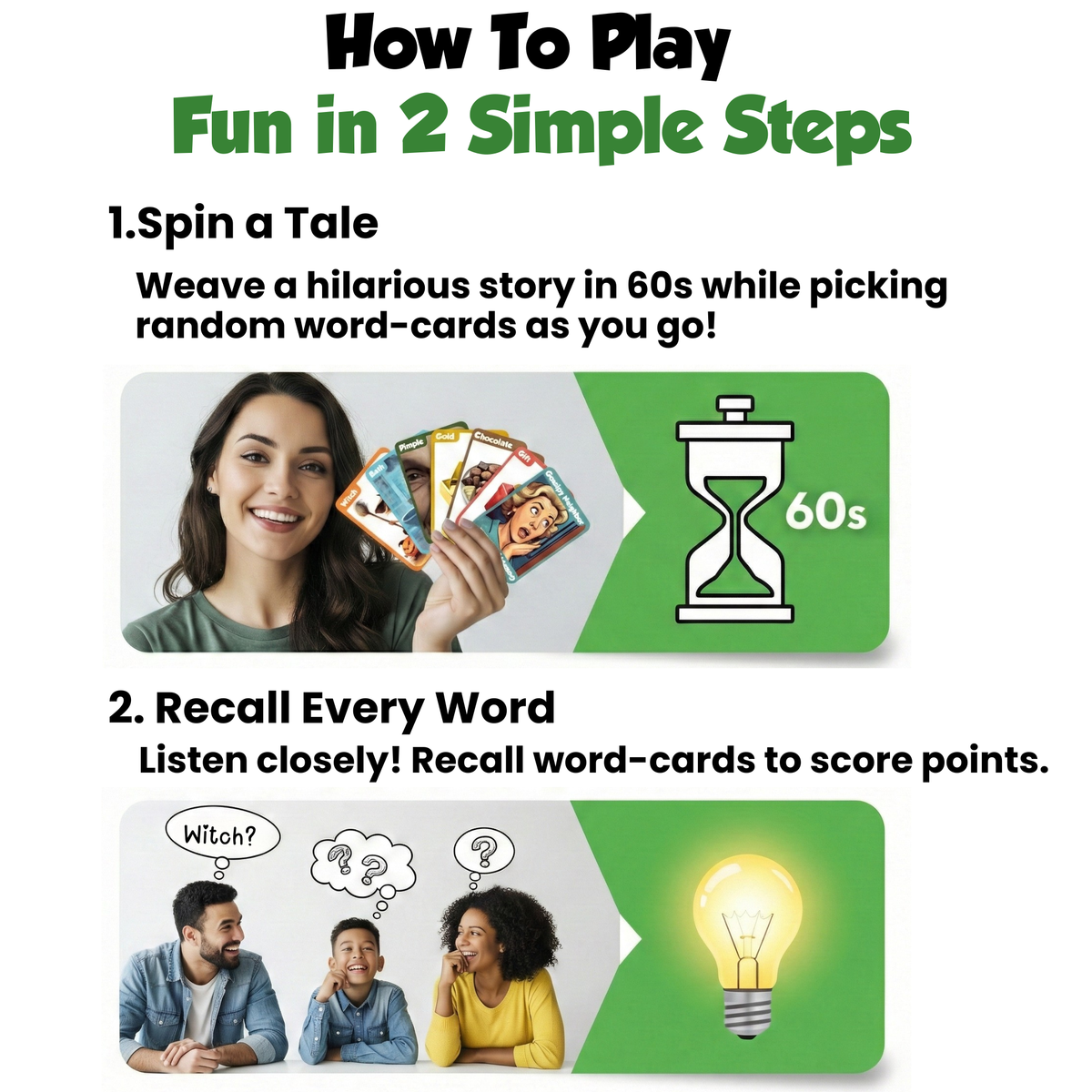 The Hilarious Party Game 
of Storytelling and Memory.
Two phases for each turn.
1. Improvise a tale.
One player takes on the role of the storyteller and uses randomly selected Word Cards to create a memorable tale.
2. Recall every word.

The other players take turns trying to remember the Word Cards used in the tale.

