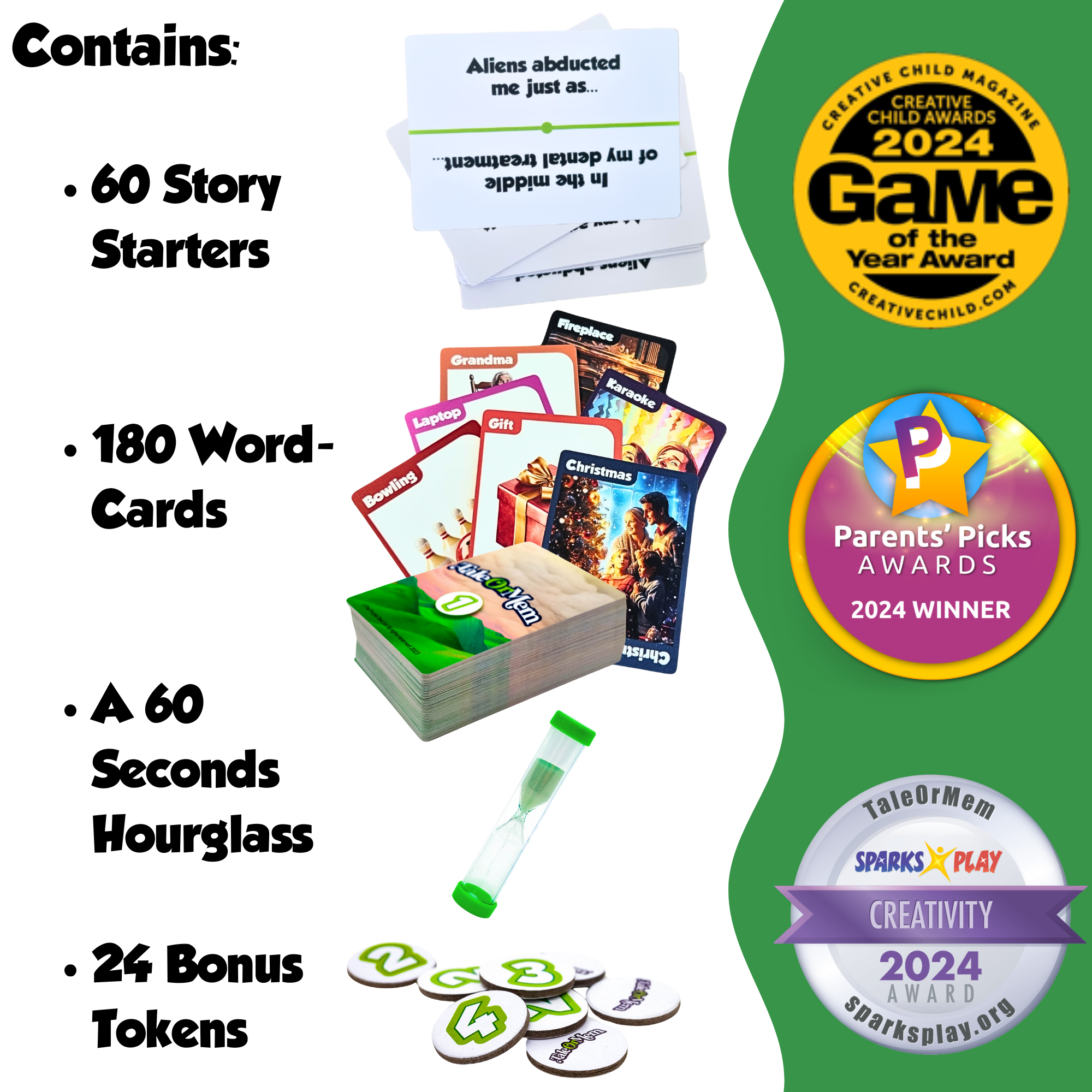 Educational game set with story starters, word cards, hourglass, and tokens, featuring awards on a white background.